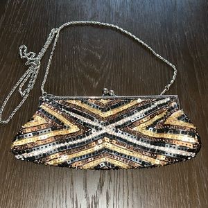 Vintage Beaded Rhinestone Sequin Evening Bag Purse Clutch Chain Black Gold